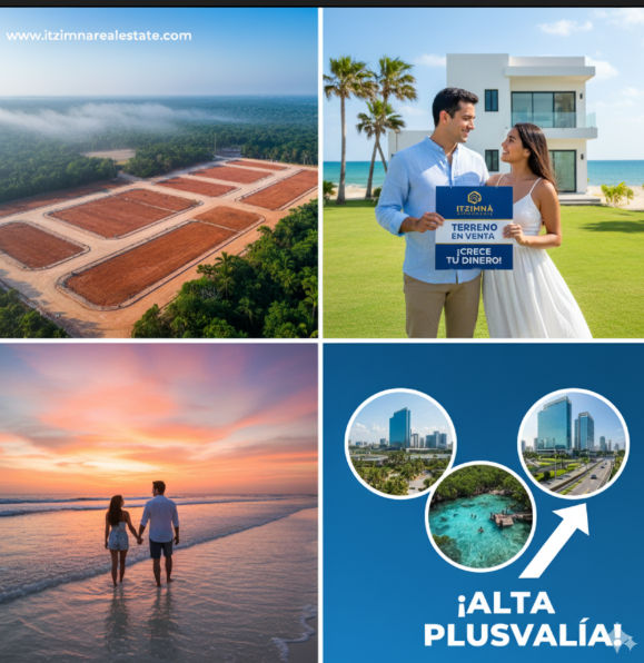 Un collage que representa oportunidades de inversión en Yucatán, con la pirámide de Chichén Itzá y un gráfico de "¡ALTA PLUSVALÍA!".