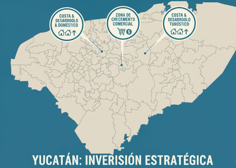 Mapa estilizado de Yucatán destacando Mérida y zonas clave de desarrollo inmobiliario e inversión estratégica.