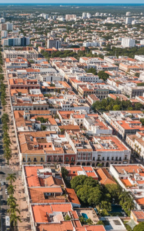 Vista aérea vibrante de Mérida, Yucatán, mezclando arquitectura colonial y modernas construcciones.