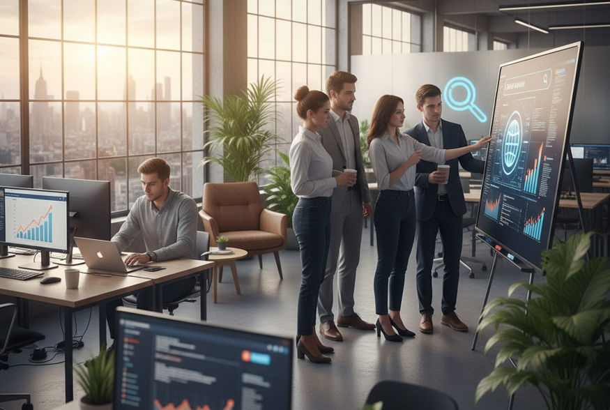 Un equipo de profesionales analizando datos de SEO, representando a una agencia especializada.