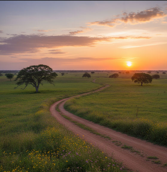Paisaje rural de Bokobá al atardecer, evocando tranquilidad y potencial de inversión.