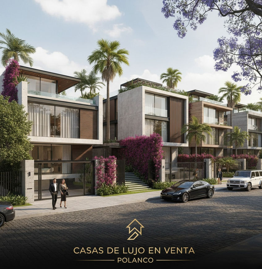 Una vista exterior de una mansión de lujo en venta en Polanco, Ciudad de México.