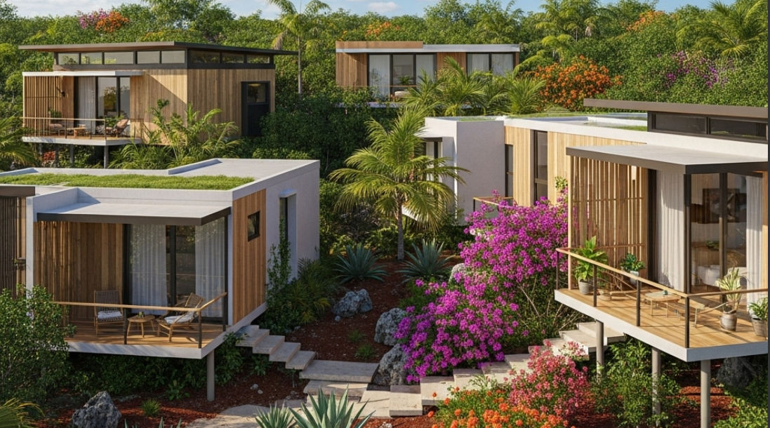 Casa prefabricada integrada en un entorno natural o rural de Yucatán, destacando su sostenibilidad.