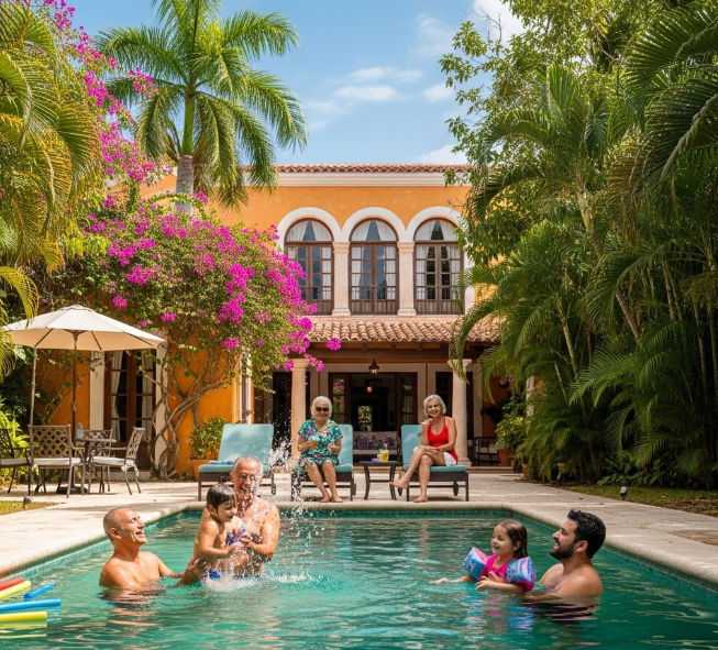 Una familia disfrutando de un día soleado en la alberca de su hogar, representando la alegría y la calidad de vida.