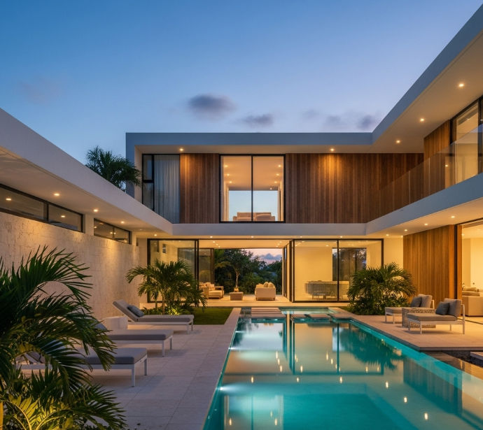Una residencia de diseño contemporáneo, con líneas limpias e iluminación cálida que se reflejan en una alberca espectacular.