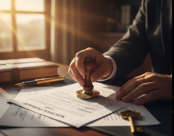 Una mano profesional sellando un documento legal junto a una llave de casa, simbolizando la formalización de la compra.