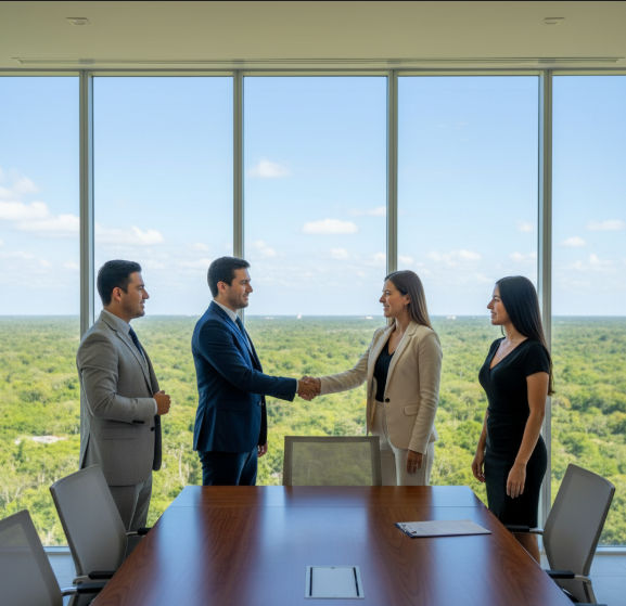 Un grupo de personas (inversionistas y asesores) se dan la mano en una oficina moderna con grandes ventanas que muestran un paisaje verde de Yucatán.