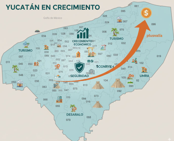 Un mapa estilizado de Yucatán con íconos que representan crecimiento económico, turismo, seguridad y desarrollo, con una flecha ascendente simbolizando la plusvalía.