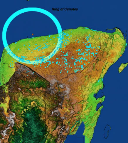 Una infografía clara y atractiva que muestra un mapa de la Península de Yucatán con el contorno del cráter de Chicxulub y la ubicación del anillo de cenotes.