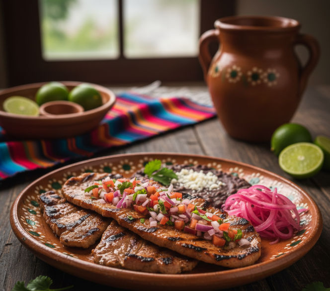 Un plato de Poc Chuc, un platillo tradicional de la gastronomía yucateca, con carne de cerdo marinada.