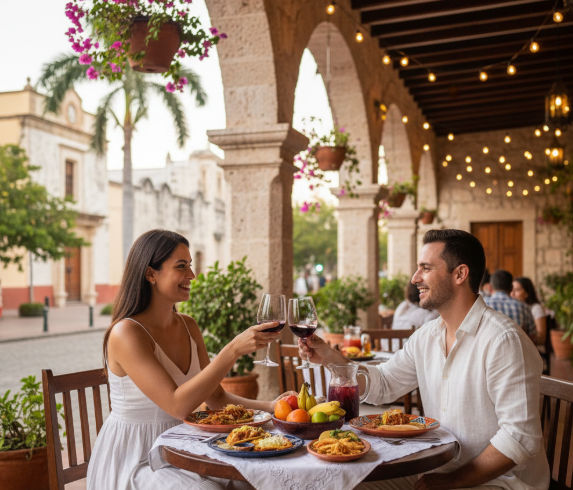 Pareja disfrutando del estilo de vida y la comida yucateca en un restaurante de Mérida.