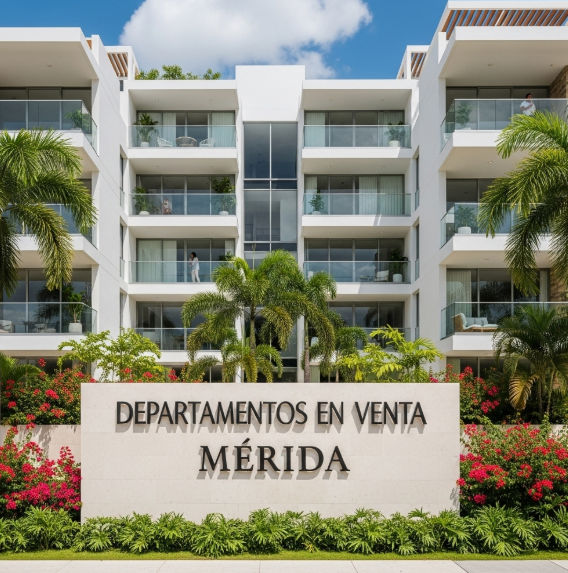 Interior moderno y elegante de un departamento en venta en Mérida, Yucatán, con sala de estar y acabados de lujo.