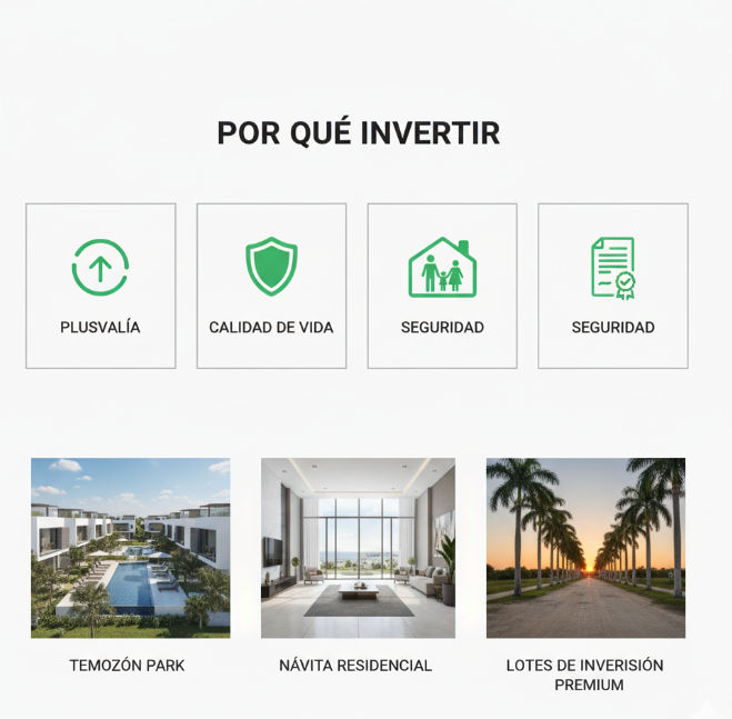 Opciones de inversión inmobiliaria en Yucatán: lotes urbanizados, departamentos de lujo y casas residenciales.
