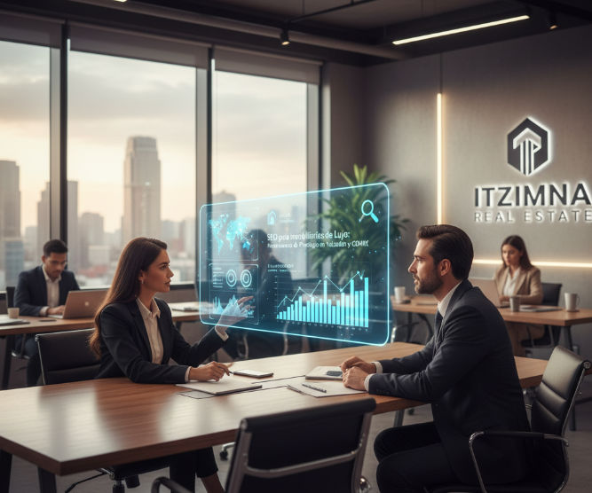 Ejecutiva de Itzimna Real Estate explicando estrategias de SEO y datos de mercado a un cliente.
