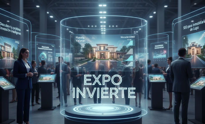 Stand de Itzimna Real Estate en Expo Invierte con proyecciones holográficas de propiedades de lujo.