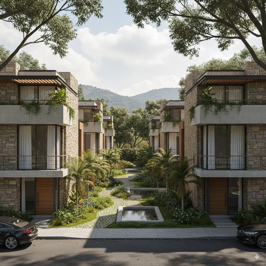 Una vista exterior de townhouses modernas en la alcaldía Tlalpan, Ciudad de México.