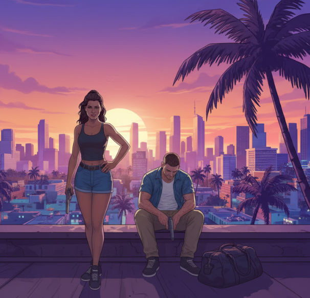Lucía y Jason juntos, los dos protagonistas icónicos de GTA 6, en una pose representativa de la pareja.