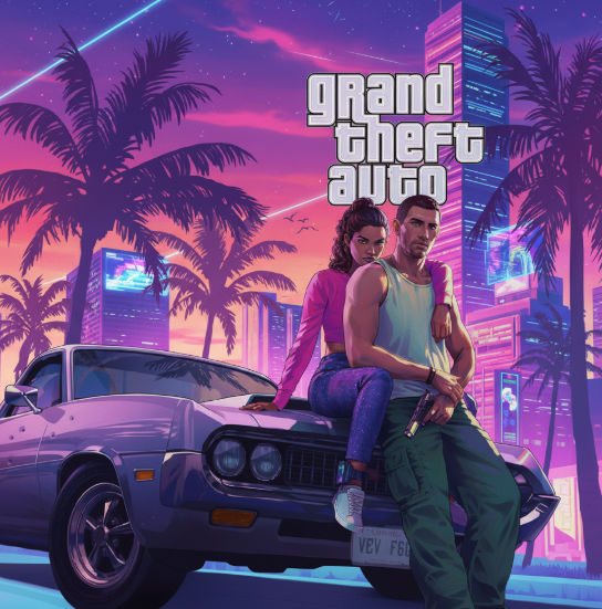 Arte promocional oficial de GTA VI con los protagonistas Lucía y Jason frente a un coche en Vice City.