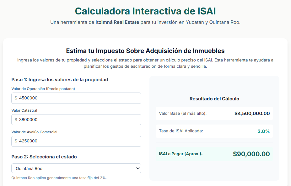 Ejemplo de cálculo detallado del Impuesto Sobre Adquisición de Inmuebles (ISAI) en Quintana Roo.