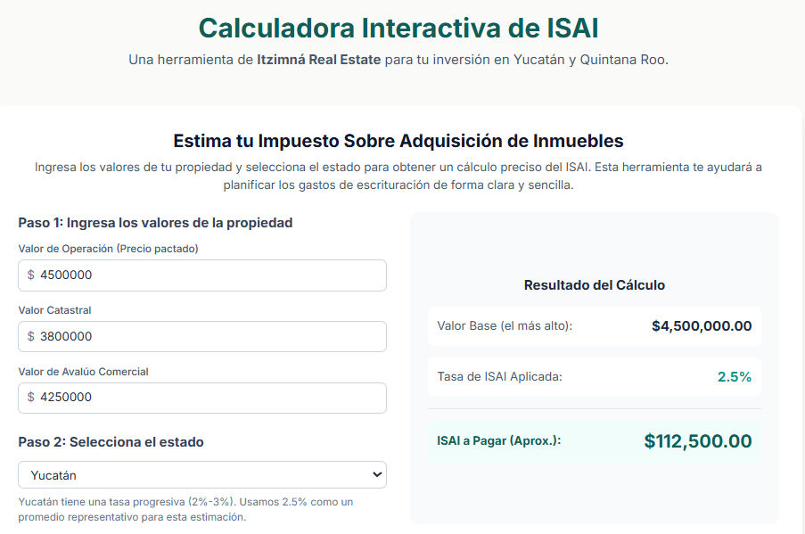 Ejemplo de cálculo detallado del Impuesto Sobre Adquisición de Inmuebles (ISAI) en Yucatán.