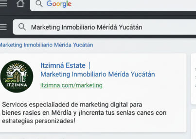 Marketing Inmobiliario Mérida: Resultados de búsqueda de Google mostrando Itzimná Real Estate como resultado principal.