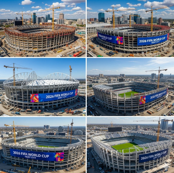 Una vista de un estadio de fútbol en construcción, mostrando el progreso de las obras para el Mundial.