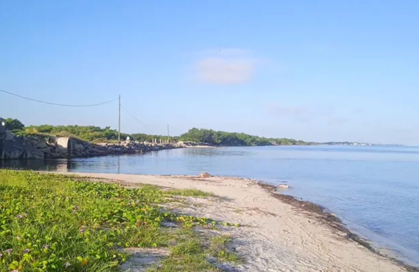 Una vista aérea de la costa de la Playa Neviker, Yucatán, con arena blanca y mar turquesa.