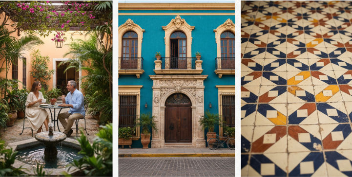 Un collage de fotos elegantes mostrando el estilo de vida en casonas coloniales de Mérida, incluyendo un patio, una fachada y detalles arquitectónicos.