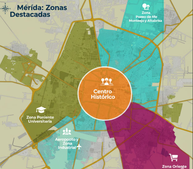 Mapa de Mérida mostrando las diferentes zonas para el cálculo del impuesto predial