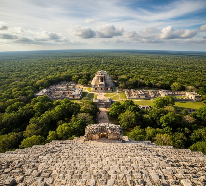 Una vista panorámica de la selva maya, tomada desde la cima de la Gran Pirámide en Uxmal.