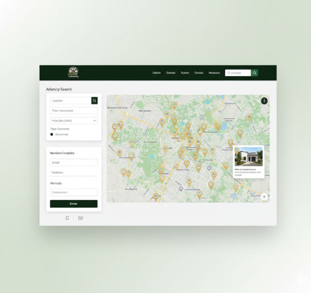 Funcionalidades clave del sitio web: buscador avanzado, mapa interactivo de propiedades y formulario de contacto.