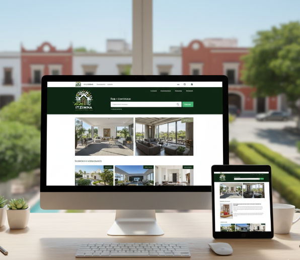 Representación moderna y elegante de un sitio web inmobiliario con propiedades de Mérida.