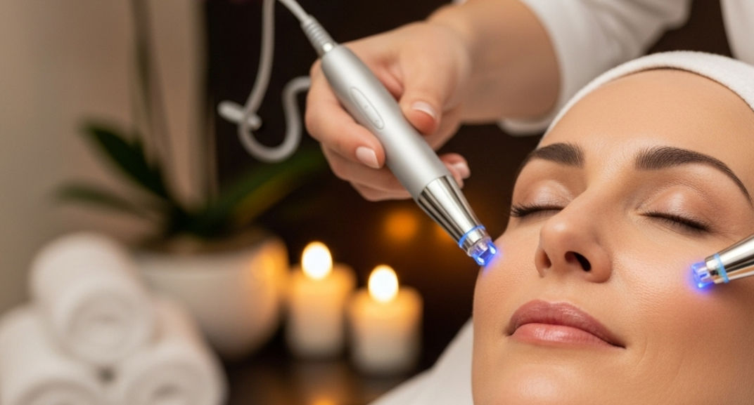 Aplicación profesional de suero o crema antiedad en el rostro de una mujer durante una sesión de cuidado de la piel.