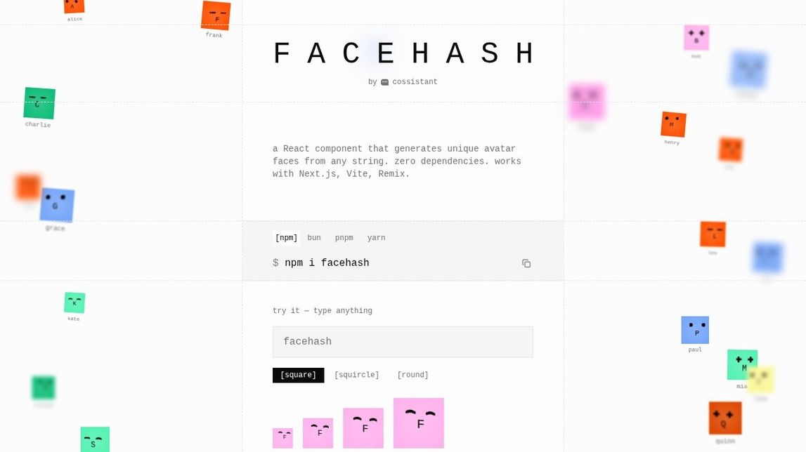 Screenshot of Facehash - Beautiful Minimalist Avatars for React