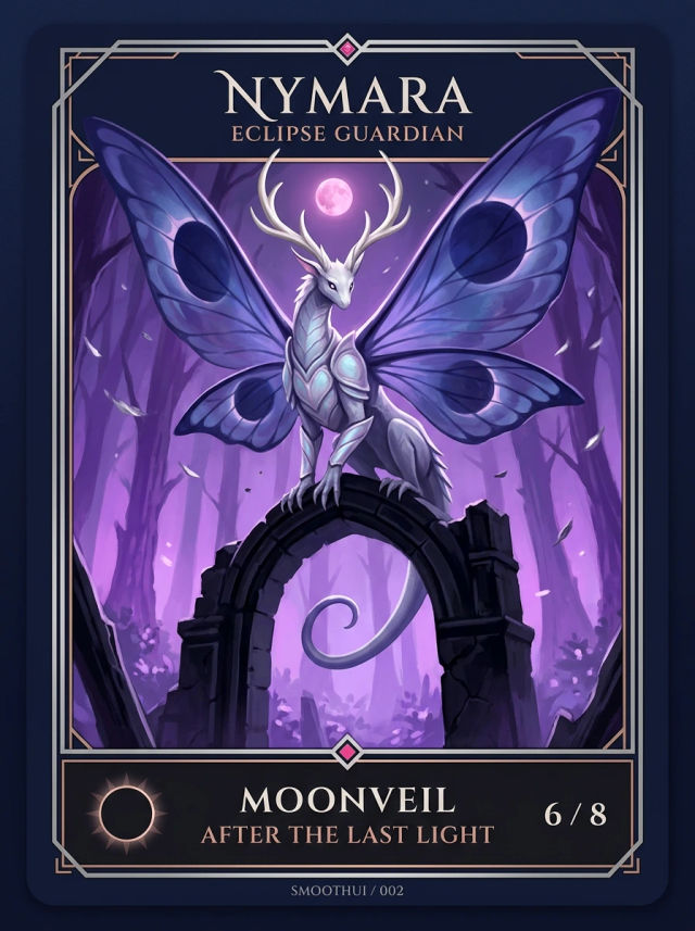 Nymara — Eclipse Guardian: a violet-winged, antlered fantasy creature above a ruined arch, framed as a Moonveil collectible card