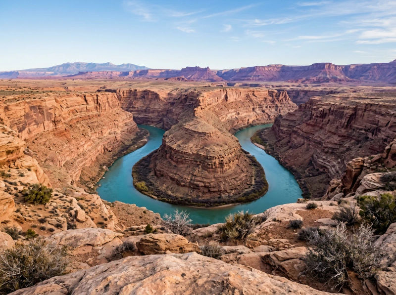 AI-generated turquoise river winding around a sandstone canyon beneath a clear blue sky