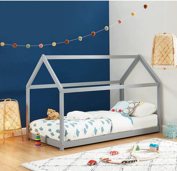 BAÏTA Lit cabane Enfant Montessori Tiny - Bois Massif de pin Gris - 90x190cm