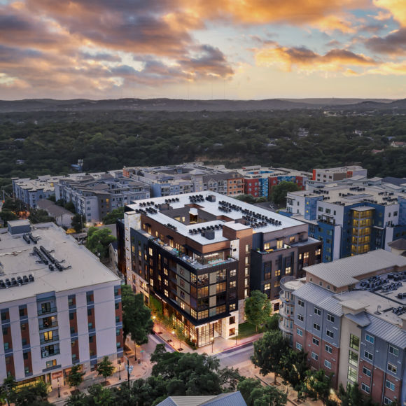 Noble 2500 Austin TX Student Housing Drone Exterior 3D Rendering