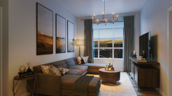 The Carlton House Lubbock TX Student Housing Penthouse Living Room 3D Rendering