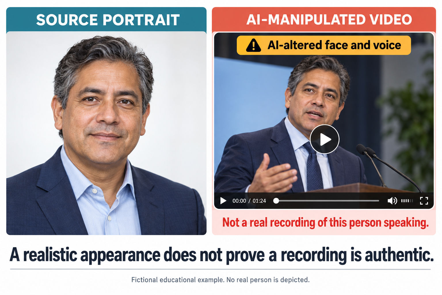Fictional portrait beside a simulated video frame of the same invented person, labelled AI-altered face and voice and not a real recording.