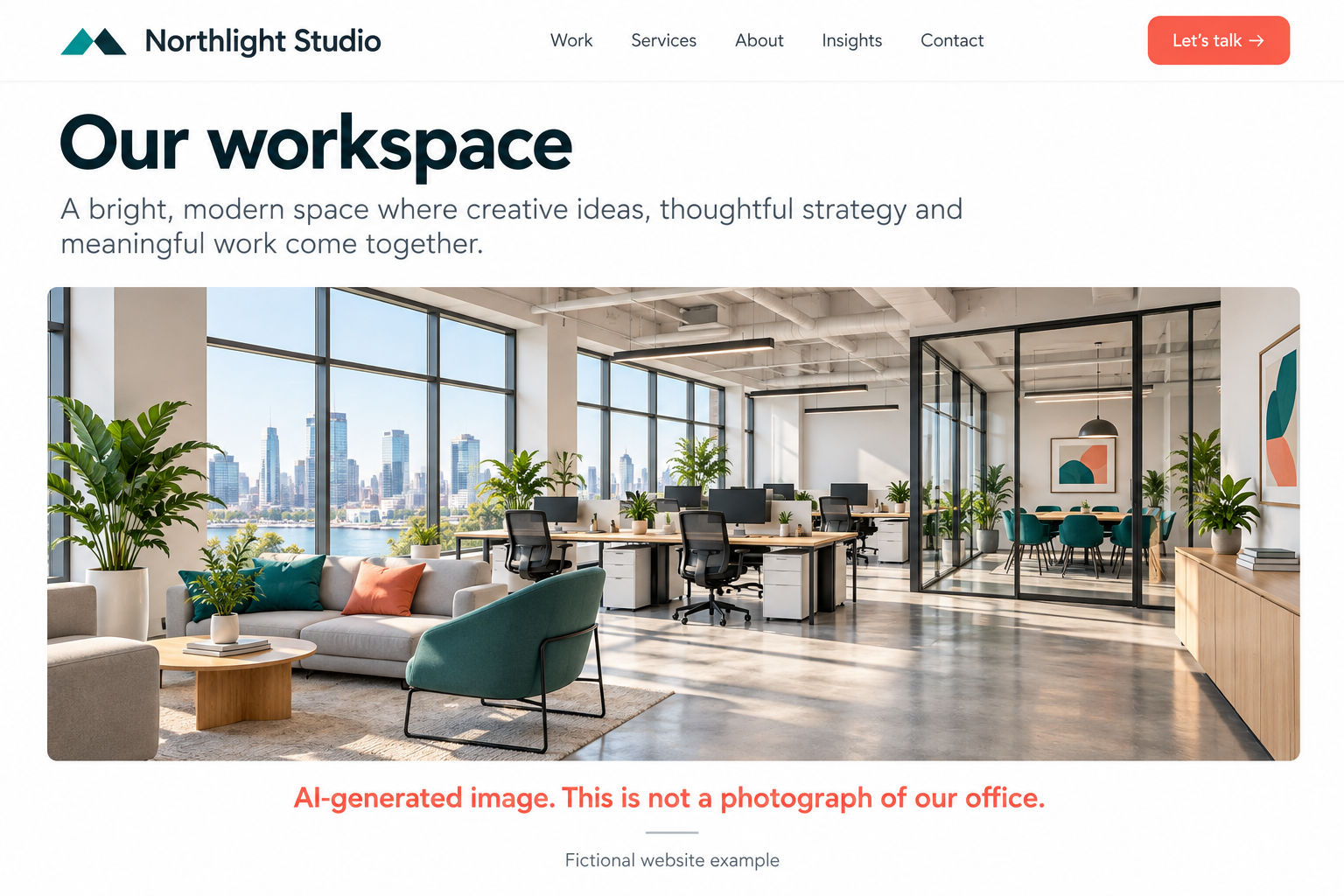 Mock office webpage with a synthetic office image and disclosure directly underneath.