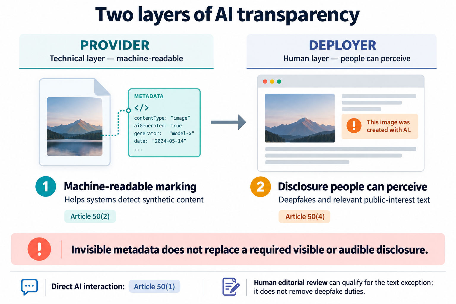 Technical marking and human-facing disclosure are separate duties. Metadata alone does not replace a required visible or audible notice.