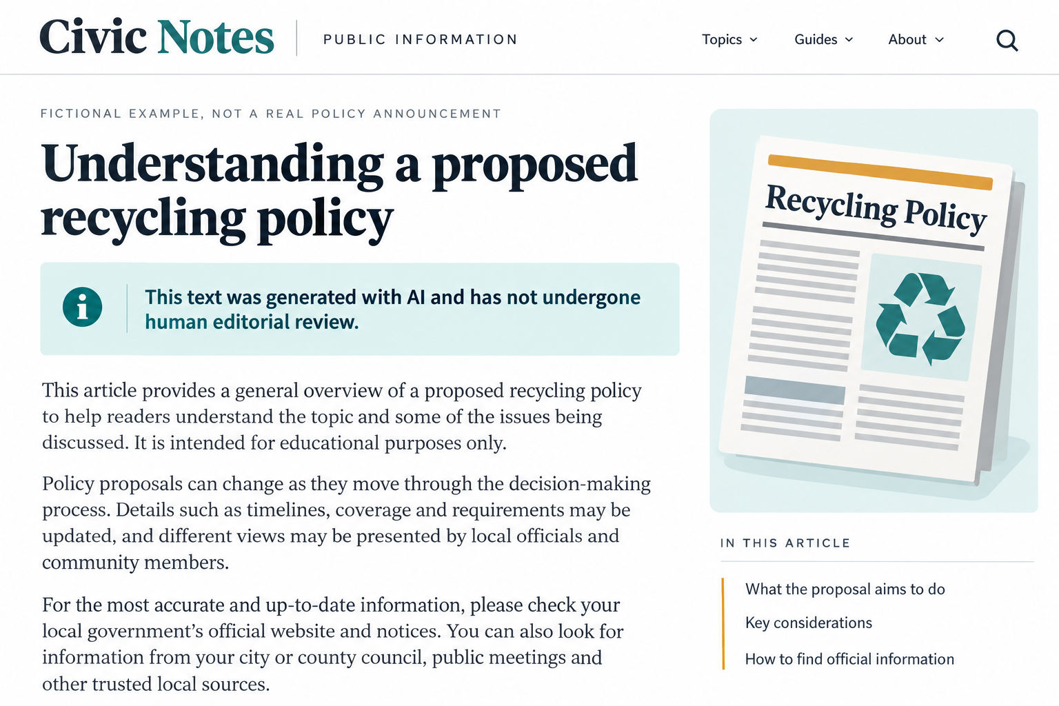 Fictional recycling-policy article with an AI-generated text notice before its body.