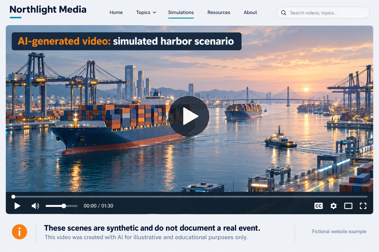 Fictional harbor video player with an AI-generated simulated-scenario notice at time zero.
