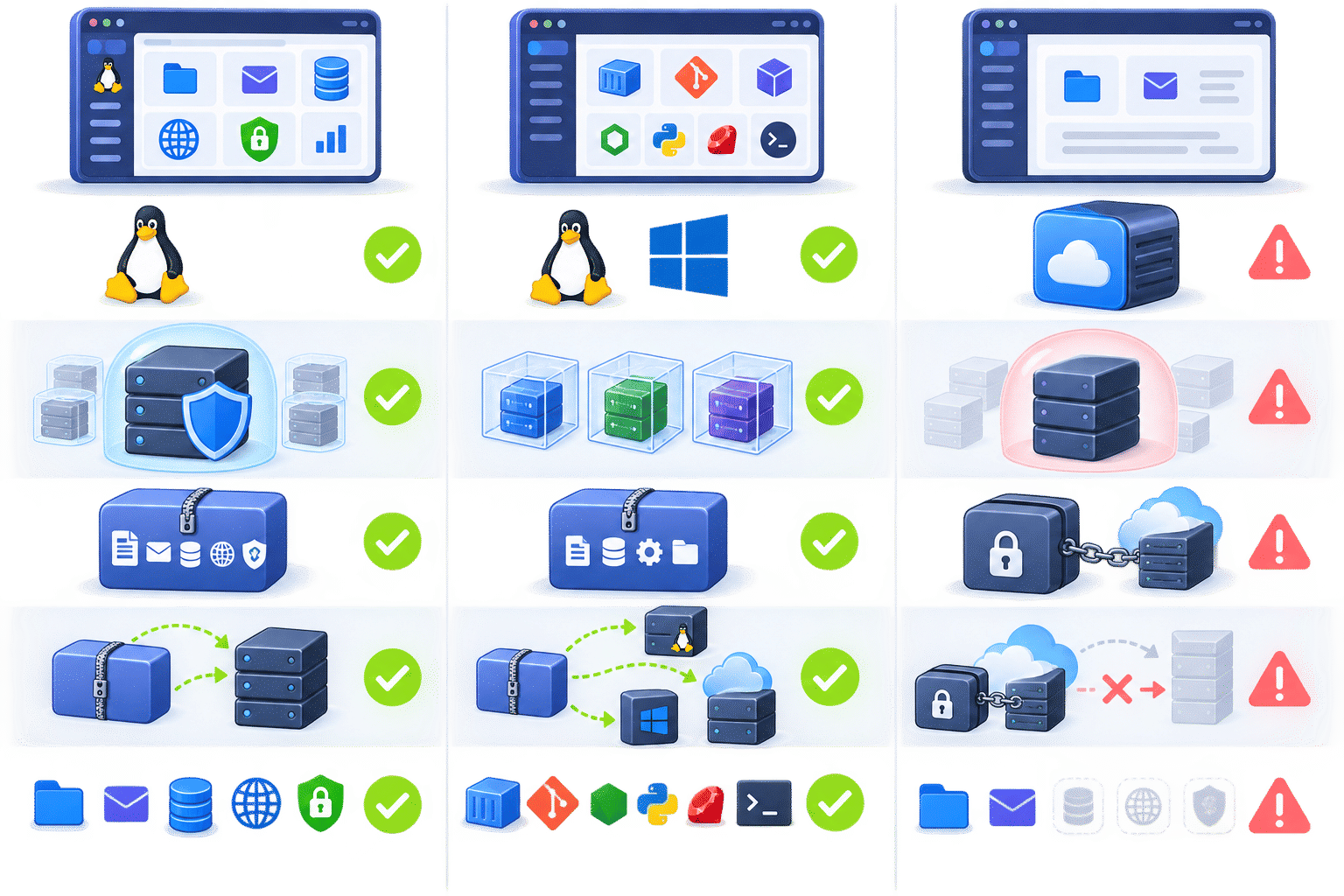 Comparativa ilustrada de cPanel, Plesk y paneles propietarios según sistemas operativos, aislamiento, copias de seguridad, portabilidad y herramientas de desarrollo