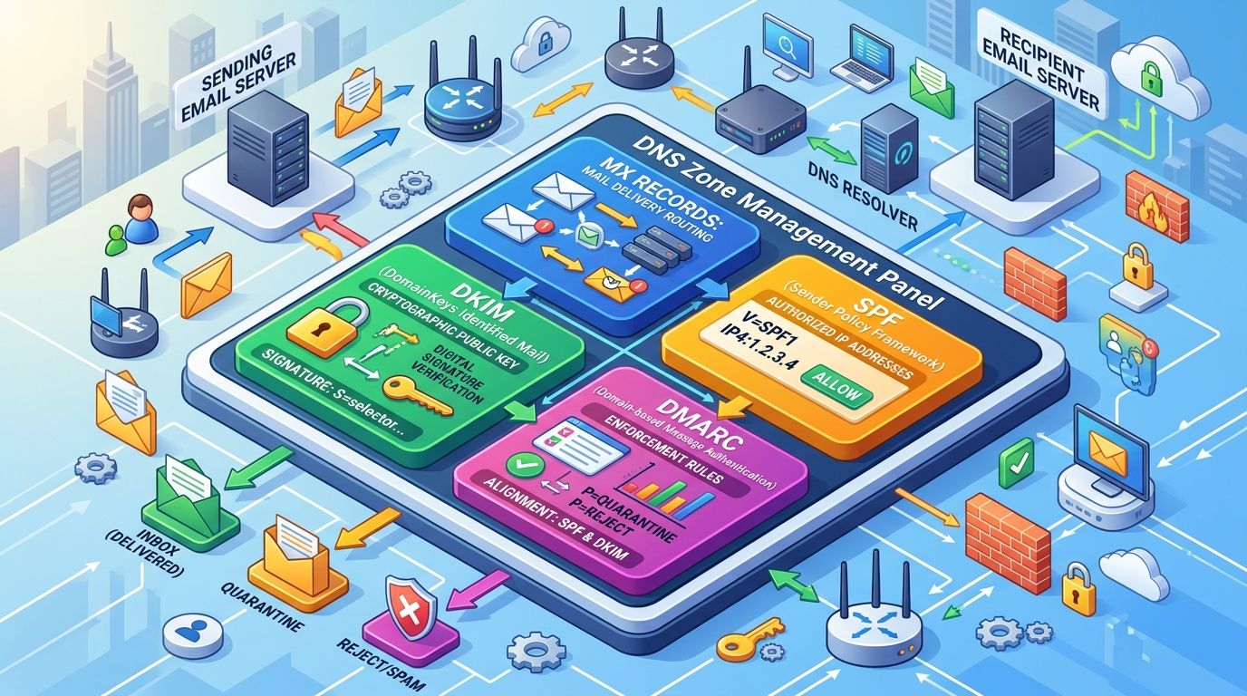 Esquema 3D de los 5 registros DNS esenciales para la autenticación de correo corporativo en la nube incluyendo MX, SPF, DKIM, DMARC y CNAME