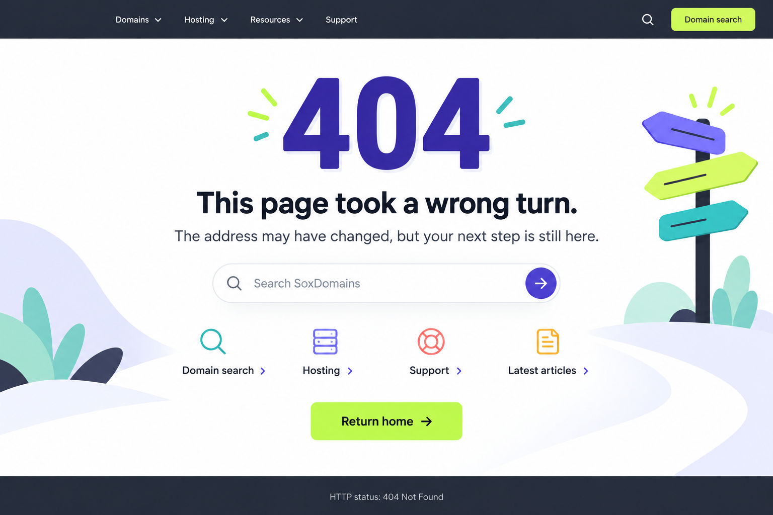 An illustrative SoxDomains-style custom 404 page.