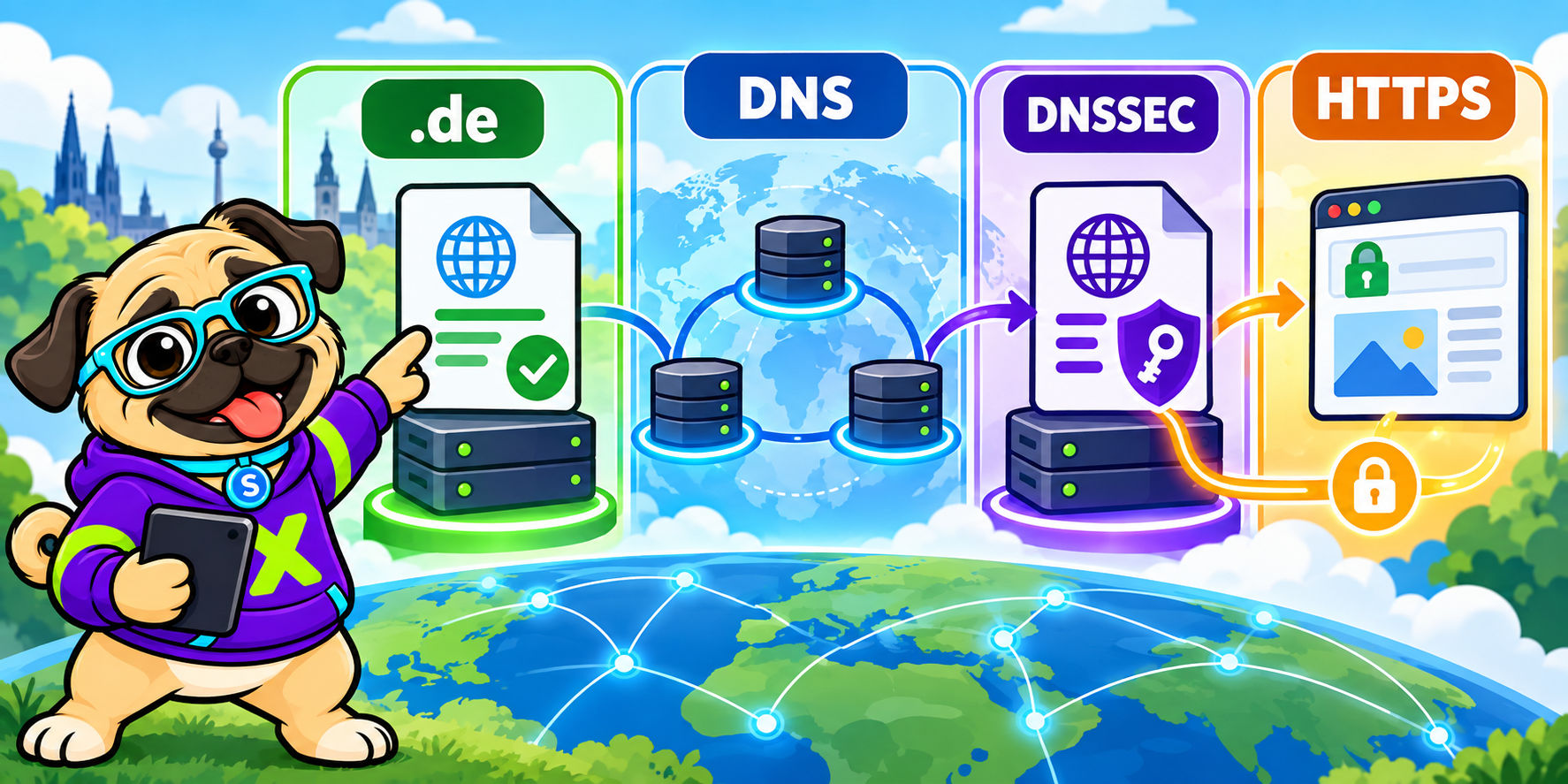 La preparación DNS, la redundancia, DNSSEC y HTTPS protegen partes distintas de un sitio .de.