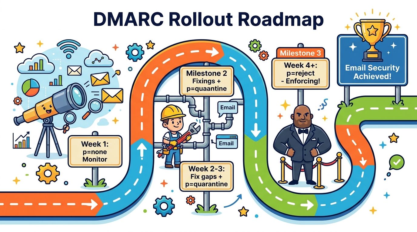 Illustrated DMARC rollout from monitoring to quarantine and reject enforcement