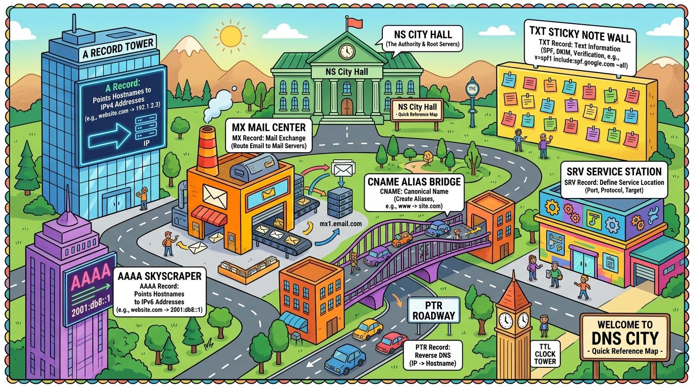 Mapa ilustrado de Ciudad DNS que muestra las funciones de A, AAAA, CNAME, MX, TXT, NS, SRV, PTR y TTL